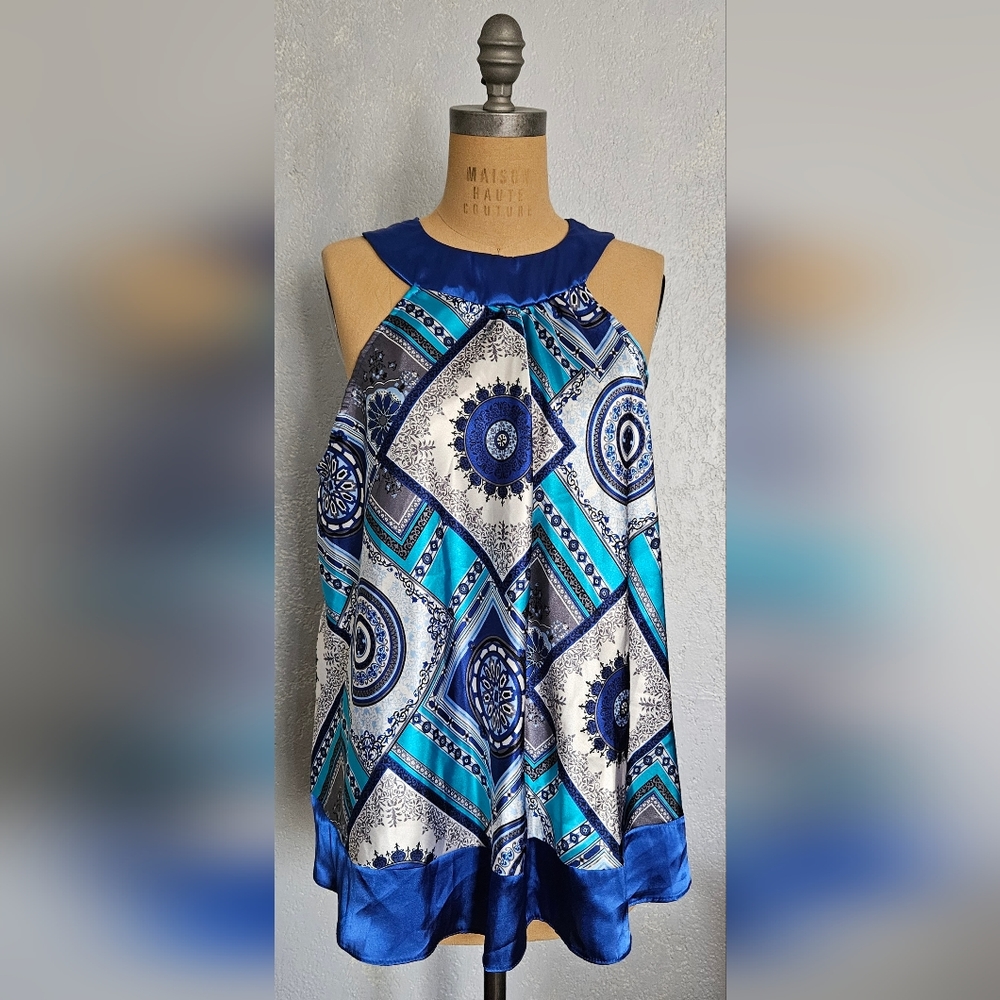 Too Mi USA Women's Blue White Halter Summer Top Blouse Size XL